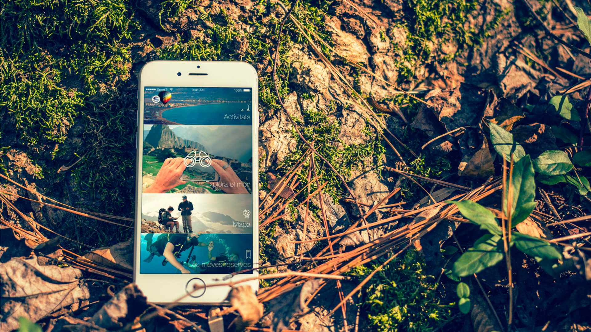 Iphone with a augmented reality app, backgroung with green leaves.