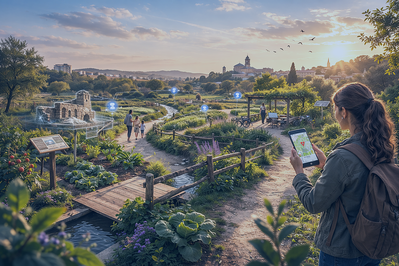 User using a tourism app with augmented reality in les Hortes de Santa Eugènia, Girona