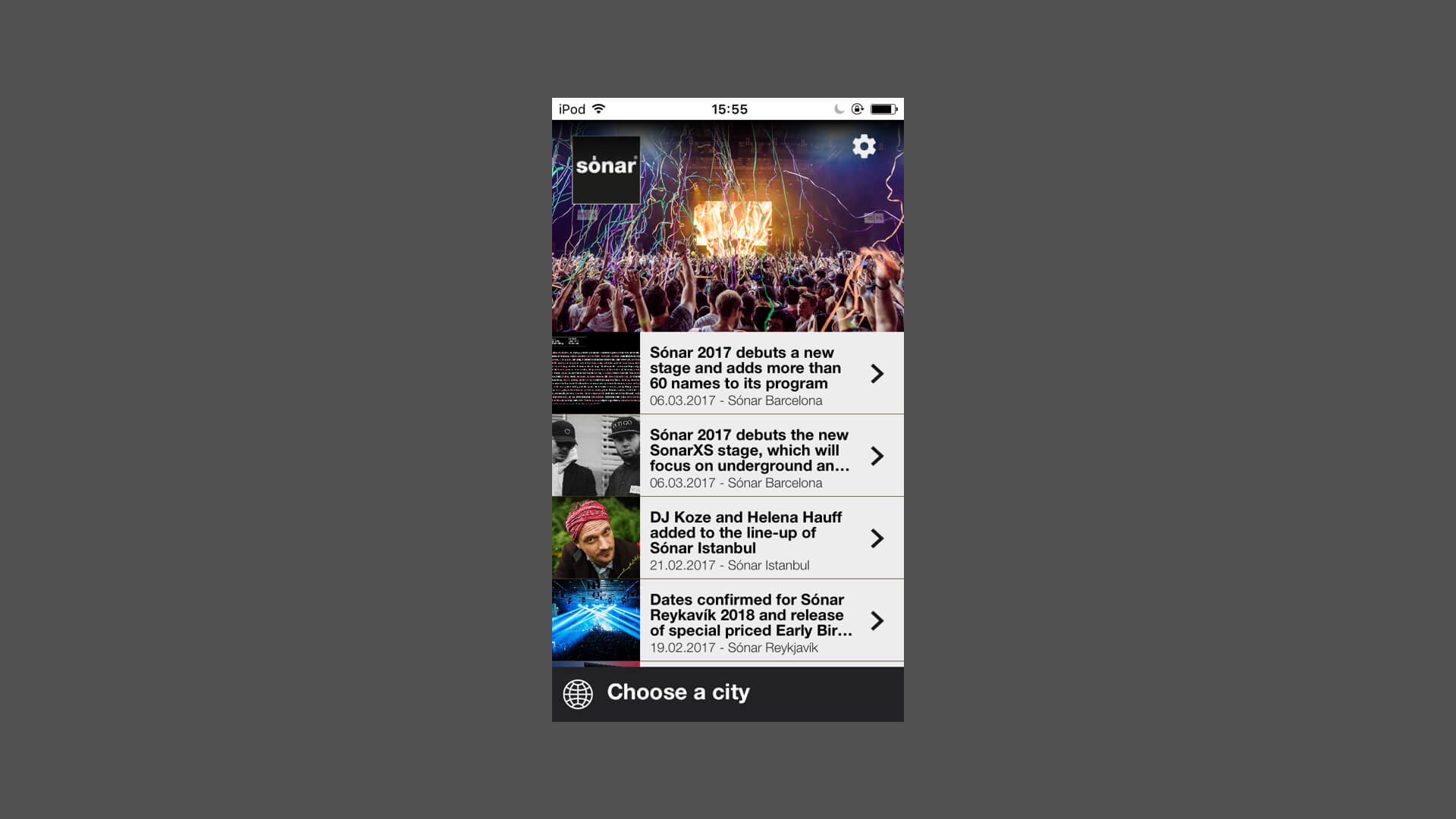 Captura de pantalla de la app del Sónar, listado conciertos