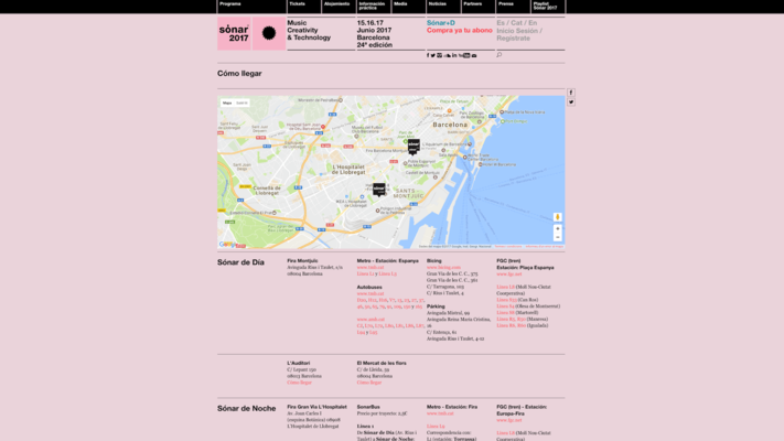 Captura de la pantalla de la página “como llegar” de la web del Sónar 2017