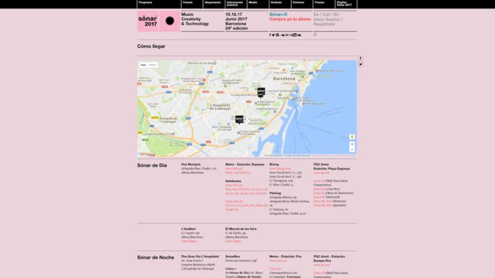 Captura de pantalla de la pàgina “com arribar-hi” de la web del Sònar 2017