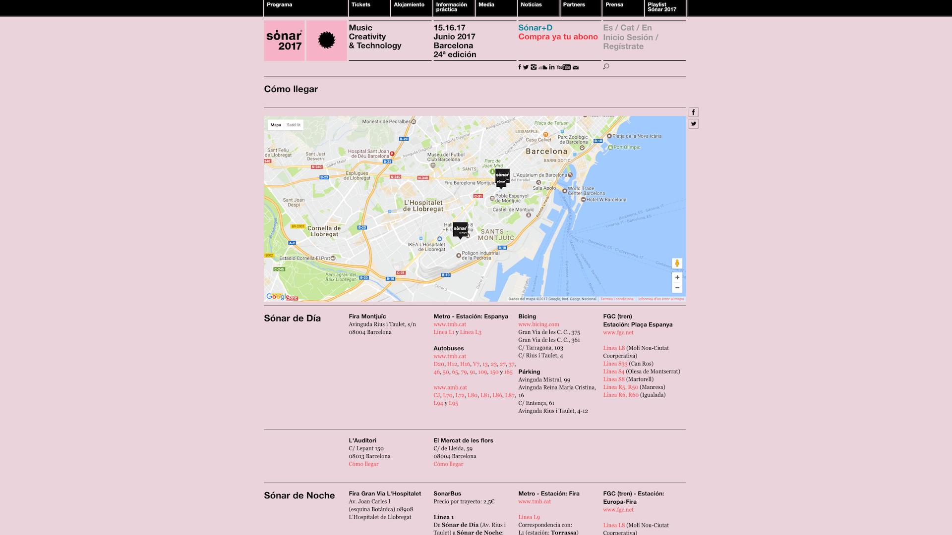 Screenshot of the "how to get" page of the Sónar 2017 website