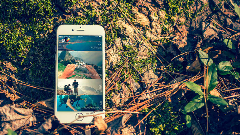 Iphone con app de Realidad Augmentada, sobre fondo con hojas verdes