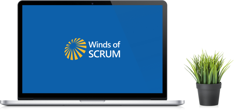 Computer with Winds of Scrum logo