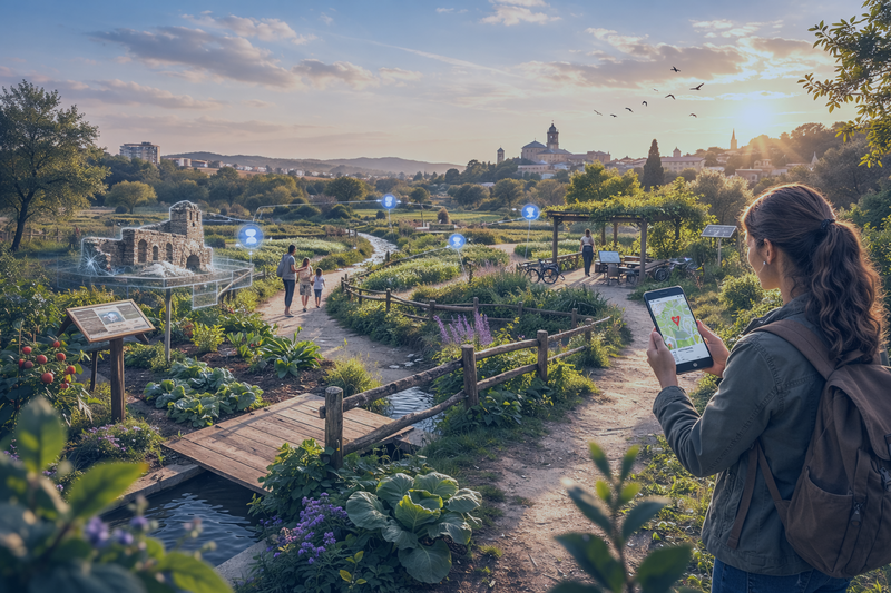 Usuari fent servir una app turística amb realitat augmentada a les Hortes de Santa Eugènia, Girona