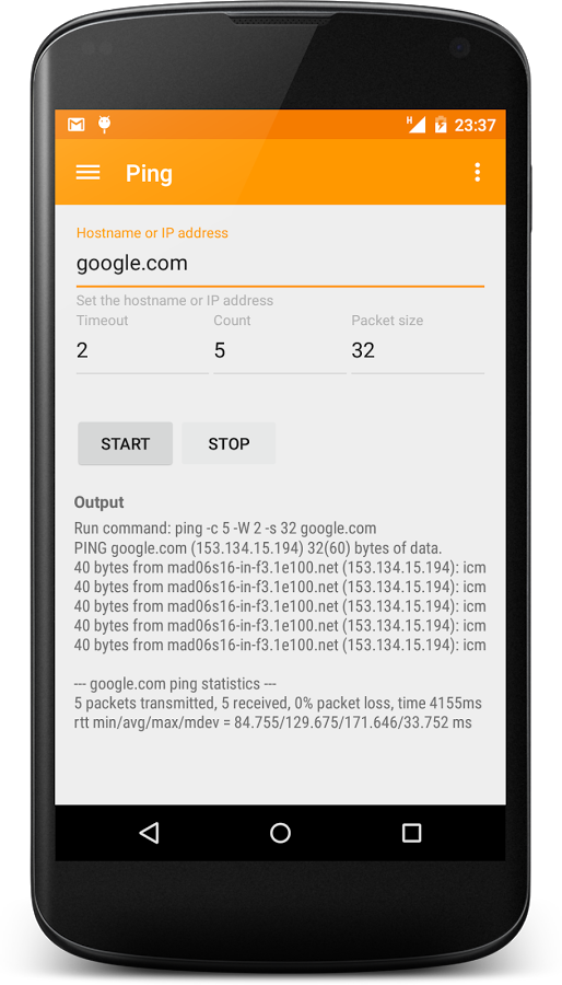 Móvil Android con aplicación de Network IP Tools