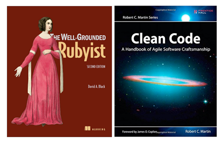 Cover of the books "The well-grounded Rubyist" and "Clear Code"