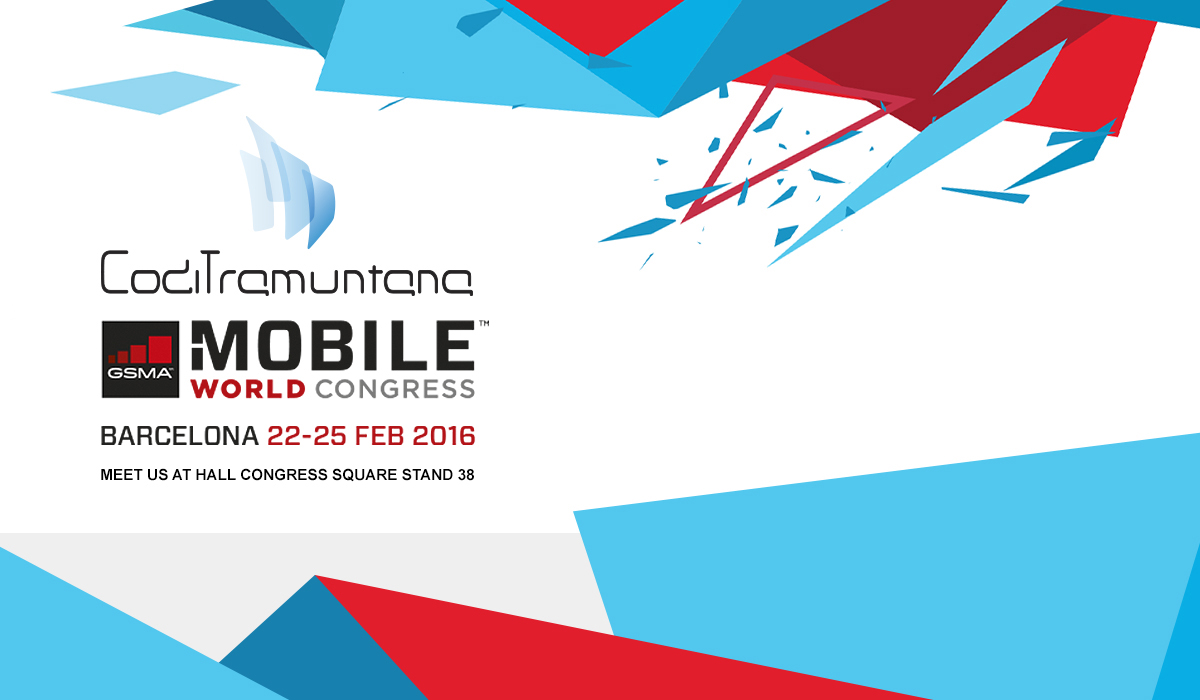 Logotip de CodiTramuntana i indicació de l'stand al MWC2016 de Barcelona